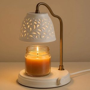 10 Ceramic Candle Warmer Lamp with Carved Pattern Electric Wax Melter for Scented Jar Candles Dimmable Table Lamp for Spa Yoga Meditation White