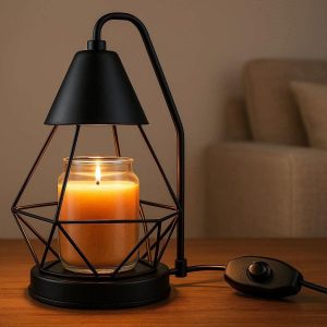 14 Geometric Wire Candle Warmer Lamp with Dimmable Switch Electric Wax Melter for Scented Jar Candles Modern Table Lamp for Living Room Black