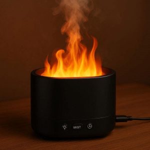 17 Flame Effect Essential Oil Diffuser Lamp USB Desktop Humidifier with Warm Night Light Simulated Fire Aromatherapy Mist Maker for Office Black