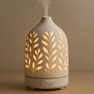 18 Ceramic Essential Oil Diffuser Lamp with Warm White Light Ultrasonic Aromatherapy Mist Maker with Timer for Desktop Spa Yoga Home Decor