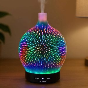 19 Glass 3D Fireworks Essential Oil Diffuser Lamp Desktop Aromatherapy Mist Maker with 6 Color Changing LED Lights Auto Shut Off for Bedroom