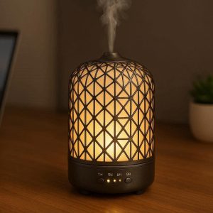 20 Metal Geometric Essential Oil Diffuser Lamp Ultrasonic Aromatherapy Mist Maker with Warm Light and Timer for Modern Office Desktop Decor