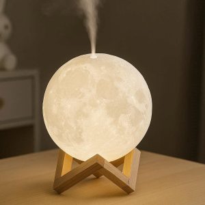 25 Moon Shaped Essential Oil Diffuser Lamp 3D Printed Lunar Night Light with Ultrasonic Aromatherapy Mist Maker for Kids Bedroom Desk White